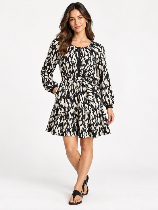 Time and Tru Dresses & Skirts - Women's XL 16-18 Black Cream Abstract Mini Dress Long Sleeve Belted Pockets Lace